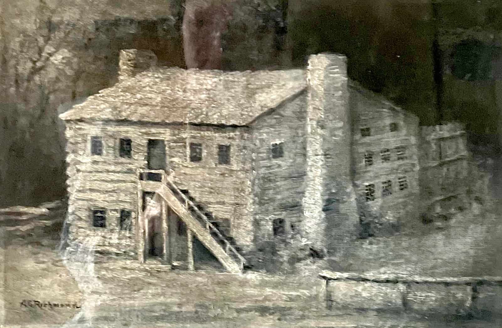 First courthouse building constructed in 1805 by William Dick. Painting by A.G. Richmond. Collection of Allegheny College.