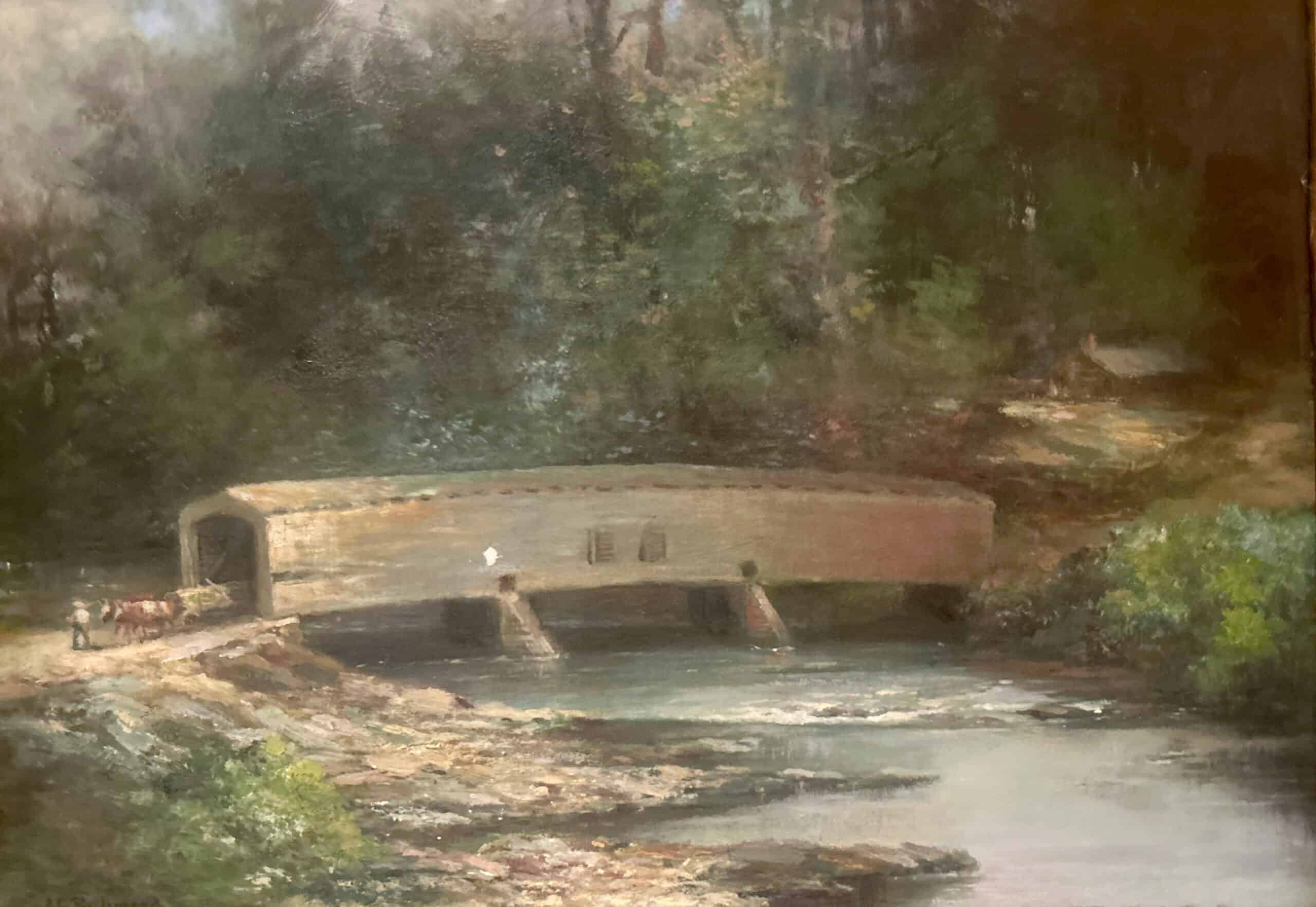 Mercer Turnpike Bridge across French Creek, built by Dr. Thomas Kennedy in 1810. Carried away by flood in 1838. Painting by A.G. Richmond. Collection of the Crawford County Historical Society.